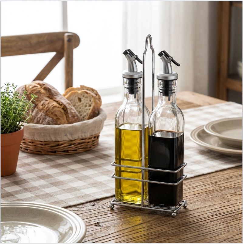 Oil & Vinegar Dispenser Set with Drip-Free Pour Spouts – Glass Bottles with Stand (8.8oz, Set of 2)