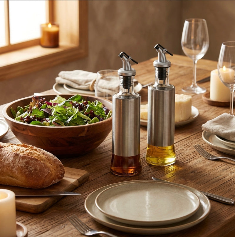 Oil & Vinegar Dispenser Set with Drip-Free Pour Spouts – Glass Bottles with Stainless Steel Shells (10.6 oz, Set of 2)