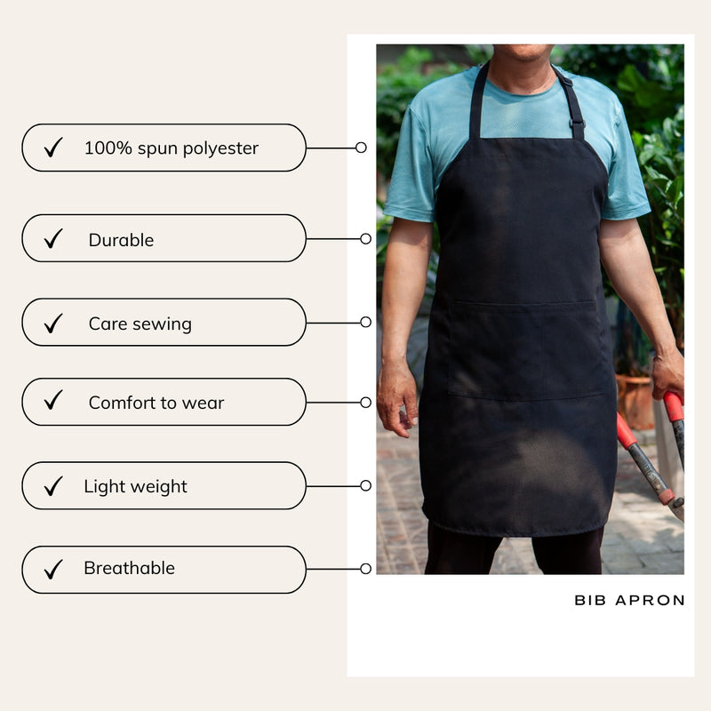Black Chef Bib Apron – Adjustable Unisex Kitchen Apron with Pockets, Durable Spun Polyester