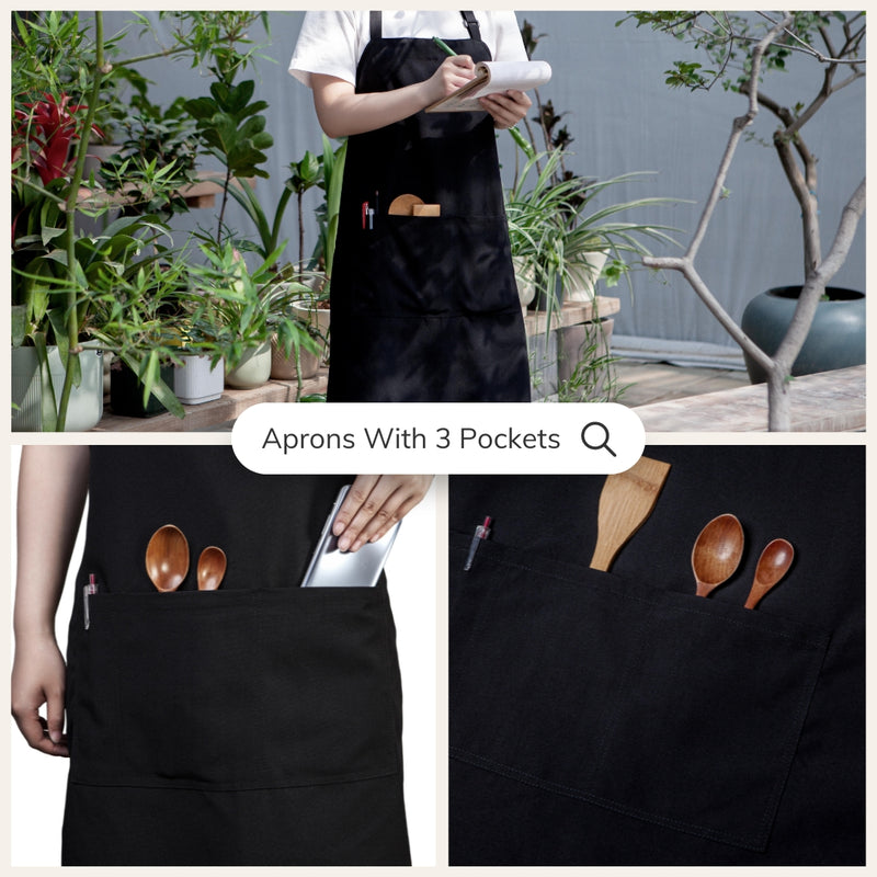 Black Chef Bib Apron – Adjustable Unisex Kitchen Apron with Pockets, Durable Spun Polyester