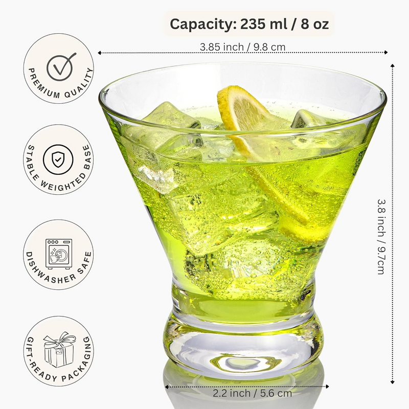 Crystal Stemless Martini Glasses – Lead-Free Cocktail Glasses Set, Dishwasher Safe