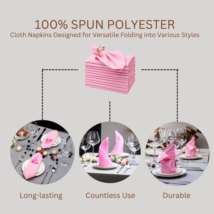 Gala Houseware Spun Polyester Dinner Napkins 18 x 18 inch - Pink 12 Pack Solid Washable Cloth Napkins - Ideal for Events, Wedding, Party, Commercial and Home Use.