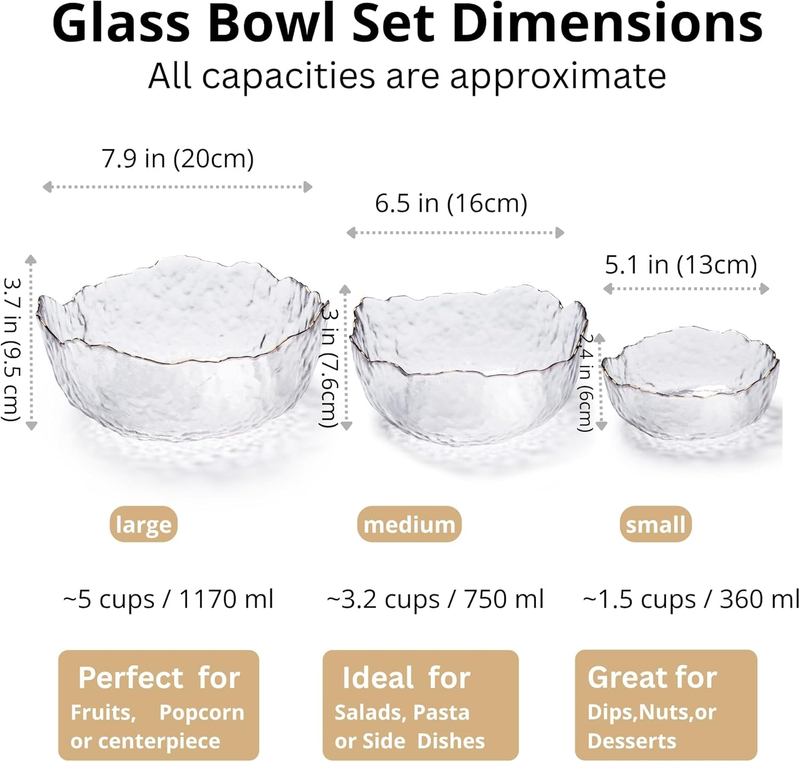3-Piece Glass Bowl Set with Gold Rim – Nesting Serving & Salad Bowls, Lead-Free Glass