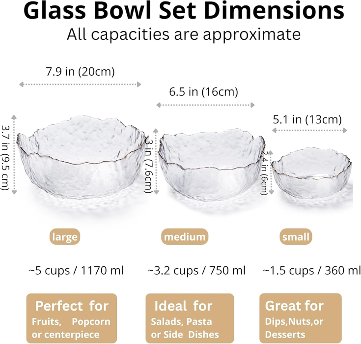 Gala Houseware 3-Piece Glass Bowl Set with Gold Rim – Clear Textured Salad Bowls with Petal Edge – Decorative Nesting Bowls for Salad, Dessert, Fruit, Snacks, Wedding Gift - 6 Sets per box (18 pieces)