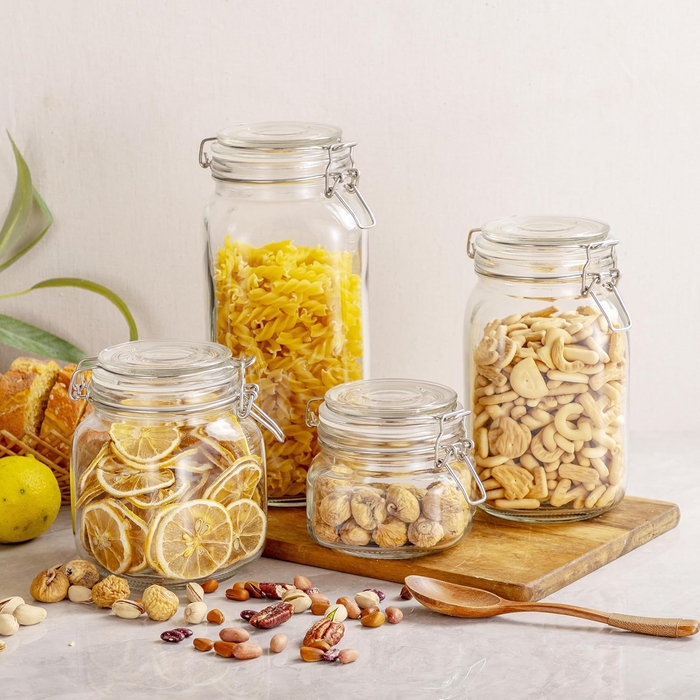 Gala Houseware Wide Mouth Spice Jars, Airtight Glass Container Set 4 Pc Glass Jars with Stainless Steel Hinged Lids and Leak Proof Silicon Gasket, chalkboard pen and Labels (Square) - 3 Sets Per Box (12 Pieces)