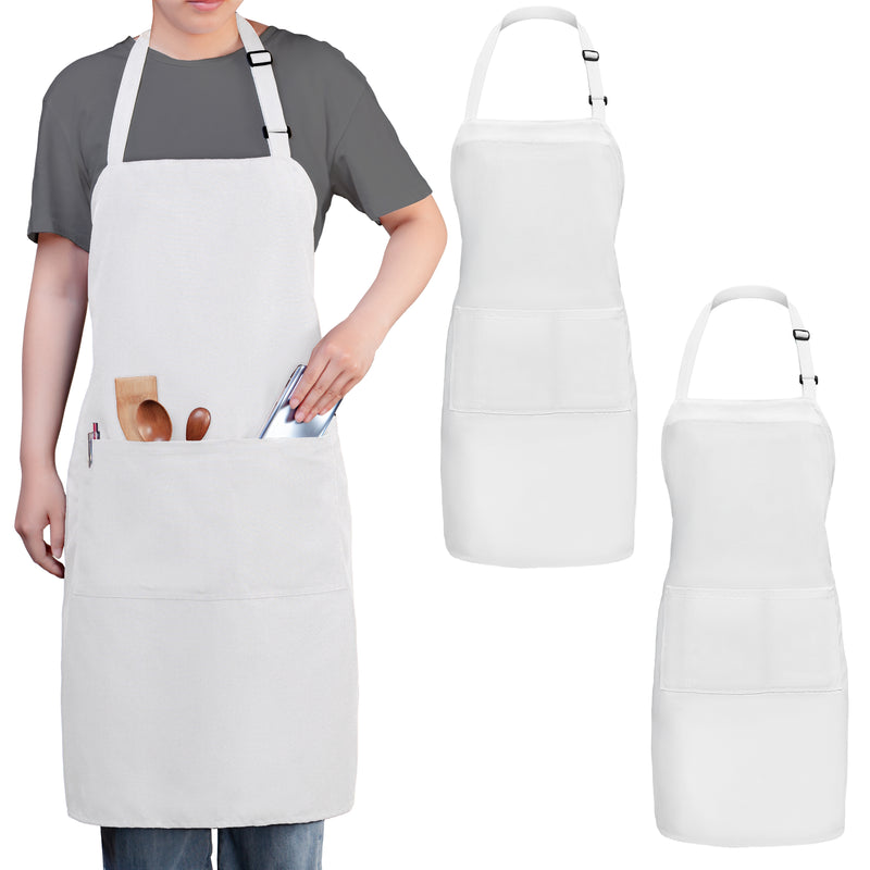 White Chef Bib Apron – Adjustable Unisex Kitchen Apron with Pockets, Durable Spun Polyester
