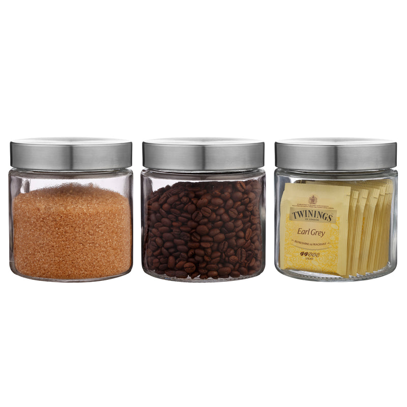 Clear Cylindrical Glass Storage Containers Set of 3 – Kitchen Canisters with Lids for Coffee, Sugar, Cookies & Snacks