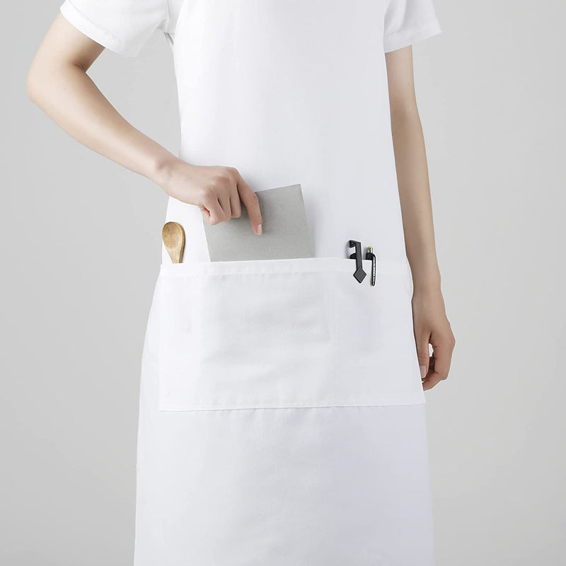 White Chef Bib Apron with Long Ties – Unisex Kitchen Apron, 34″ × 30″ with Pockets, Durable Spun Polyester