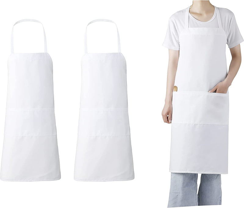 White Chef Bib Apron with Long Ties – Unisex Kitchen Apron, 34″ × 30″ with Pockets, Durable Spun Polyester