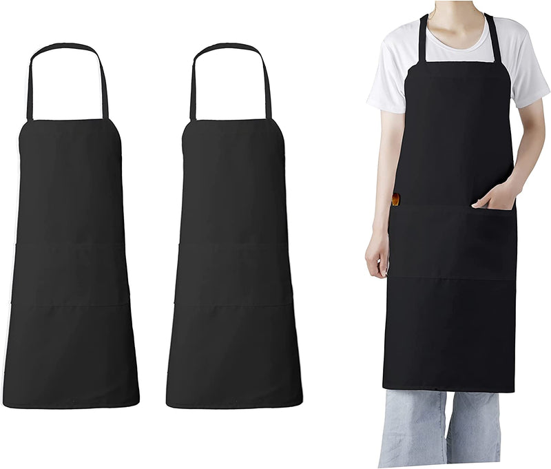 Black Chef Bib Apron with Long Ties – Unisex Kitchen Apron, 34″ × 30″ with Pockets, Durable Spun Polyester