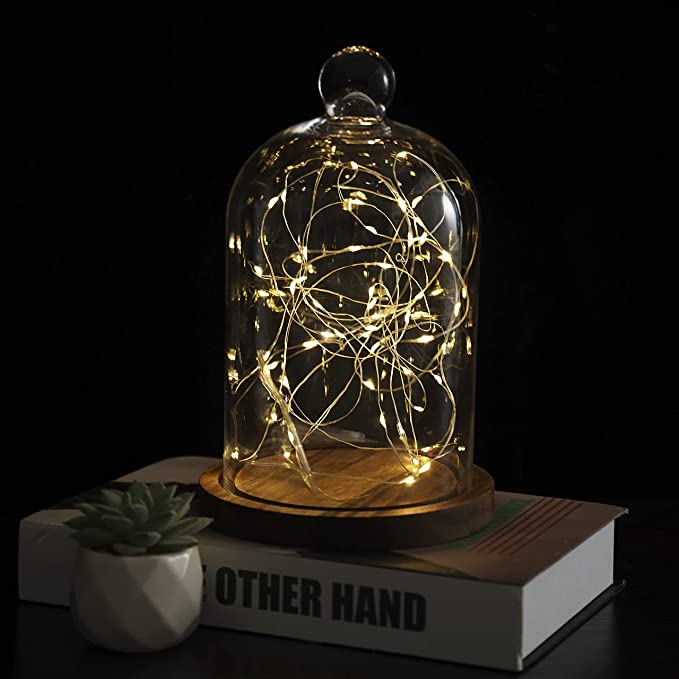 Clear Glass Cloche Dome Bell Jar with Wooden Base – 5.1″ Diameter × 9″ Tall Display Cover