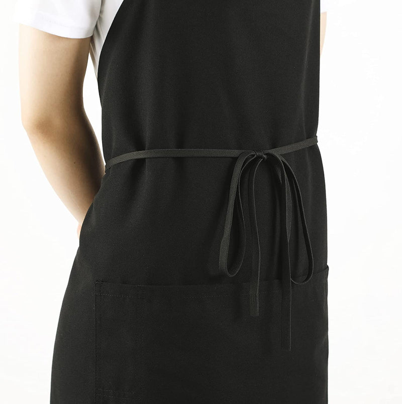Black Chef Bib Apron with Long Ties – Unisex Kitchen Apron, 34″ × 30″ with Pockets, Durable Spun Polyester