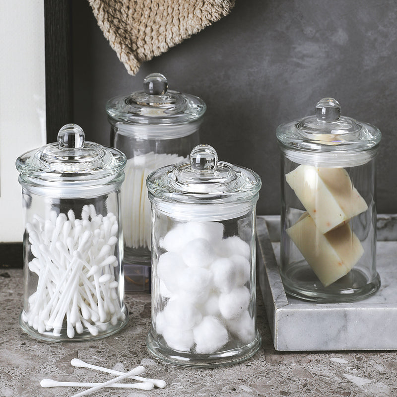 Mini Glass Apothecary Jars for Bathroom Storage (3.1″ × 5.7″, Set of 4, 12 oz each)