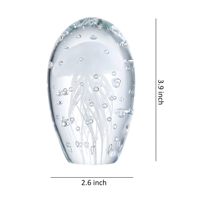 Blown Glass Jellyfish Paperweight, Handmade Glass Art Craft Collectible (H:3.9", White)