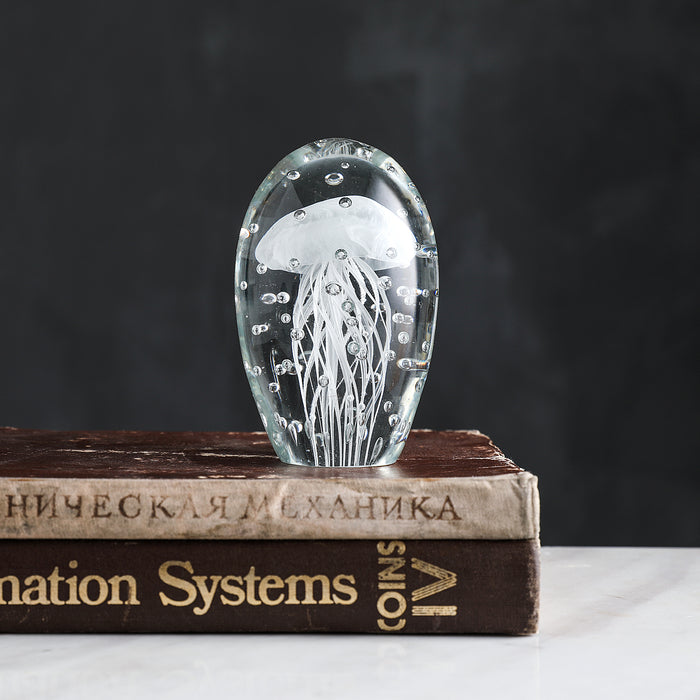 Blown Glass Jellyfish Paperweight, Handmade Glass Art Craft Collectible (H:3.9", White)