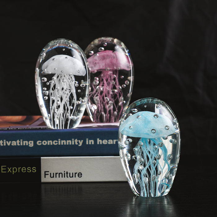 Blown Glass Jellyfish Paperweight, Handmade Glass Art Craft Collectible (H:3.9", White)