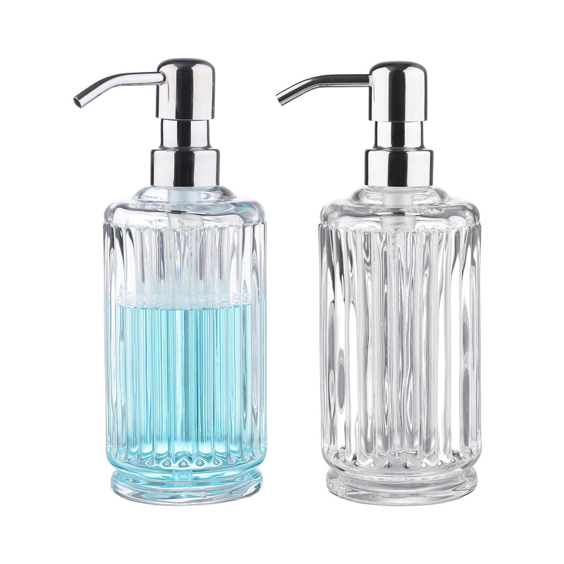 Clear Glass Soap Dispenser Set of 2, 11.5 oz, Vertical Stripe Design, 7.9" Tall