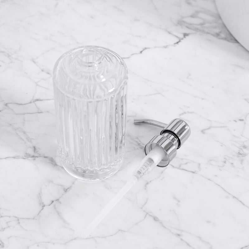 Clear Glass Soap Dispenser Set of 2, 11.5 oz, Vertical Stripe Design, 7.9" Tall