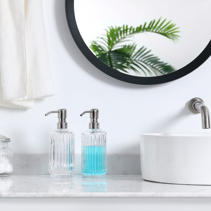 Clear Glass Soap Dispenser Set of 2, 11.5 oz, Vertical Stripe Design, 7.9" Tall