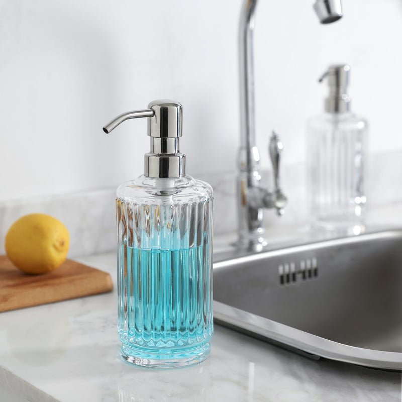 Clear Glass Soap Dispenser Set of 2, 11.5 oz, Vertical Stripe Design, 7.9" Tall