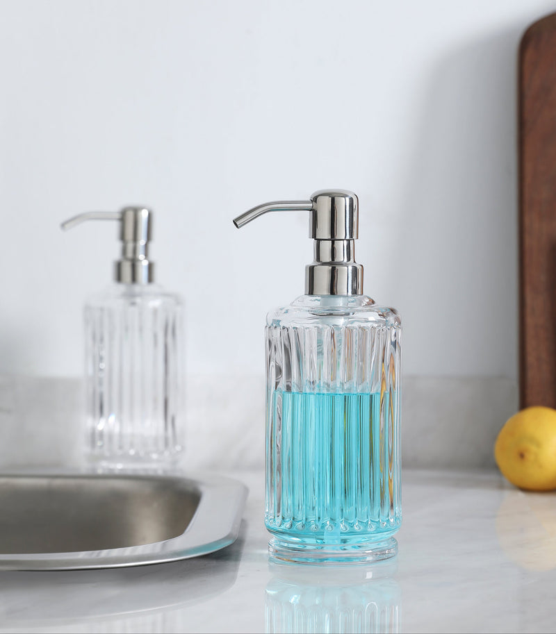 Clear Glass Soap Dispenser Set of 2, 11.5 oz, Vertical Stripe Design, 7.9" Tall