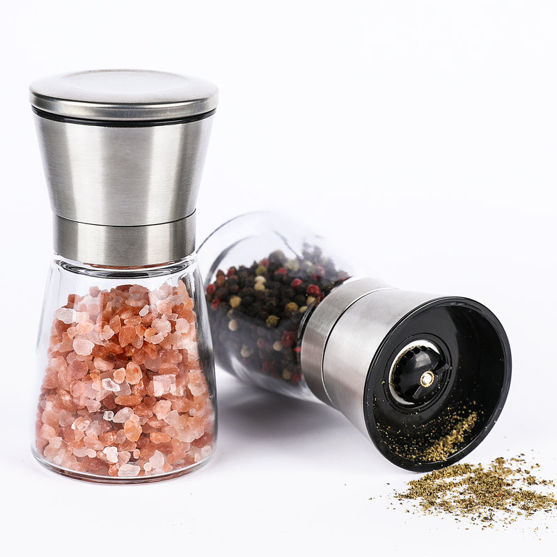 Salt & Pepper Grinders Set of 2, Adjustable Ceramic Coarseness, 5.28″ 5.6 oz Glass Mills