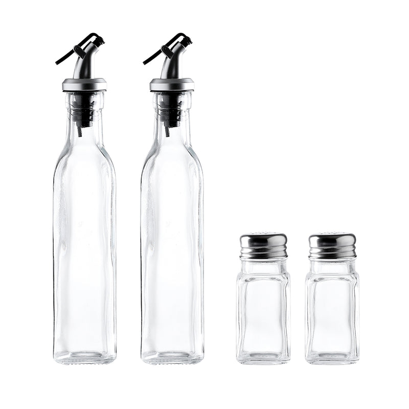 4-Piece Glass Kitchen Cruet Set – Oil & Vinegar Bottles (8.8 oz) with Salt & Pepper Shakers
