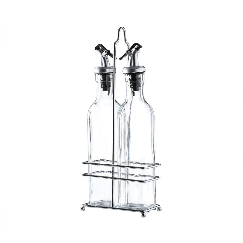 Olive Oil & Vinegar Dispenser Set, 3-Piece Glass Cruet with Rack, 8.8 oz, 10" Tall