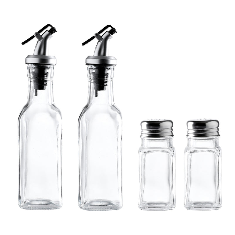 4-Piece Glass Kitchen Cruet Set – Oil & Vinegar Bottles (6.3 oz) with Salt & Pepper Shakers (2.3 oz)