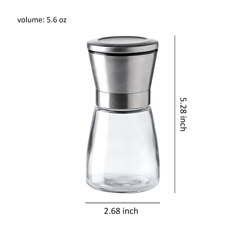 Salt & Pepper Grinders Set of 2 with Stainless Steel Stand, Adjustable Ceramic Coarseness, 5.28″ 5.6 oz Glass Mills
