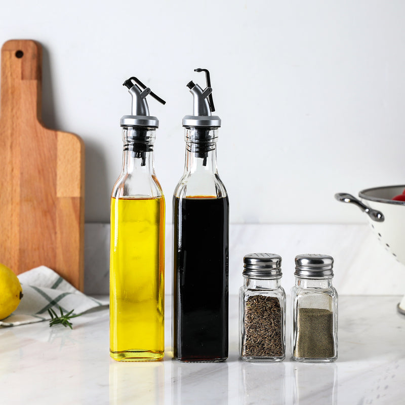 4-Piece Glass Kitchen Cruet Set – Oil & Vinegar Bottles (8.8 oz) with Salt & Pepper Shakers