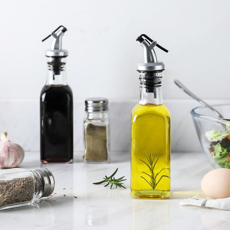 4-Piece Glass Kitchen Cruet Set – Oil & Vinegar Bottles (6.3 oz) with Salt & Pepper Shakers (2.3 oz)