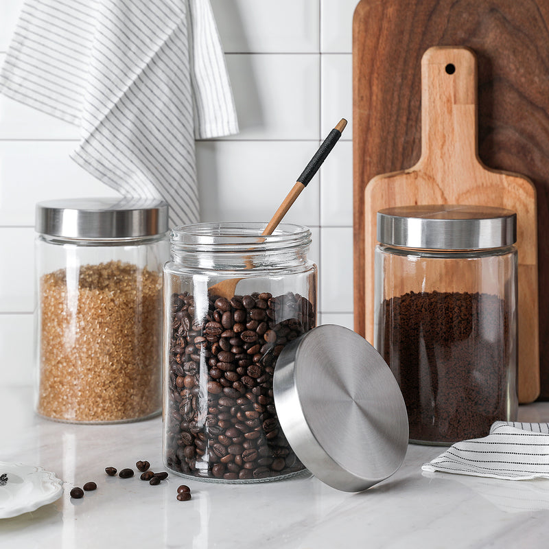 Clear Glass Storage Containers with Lids – Set of 3 Kitchen Canisters for Coffee, Sugar, Cereal & Snacks