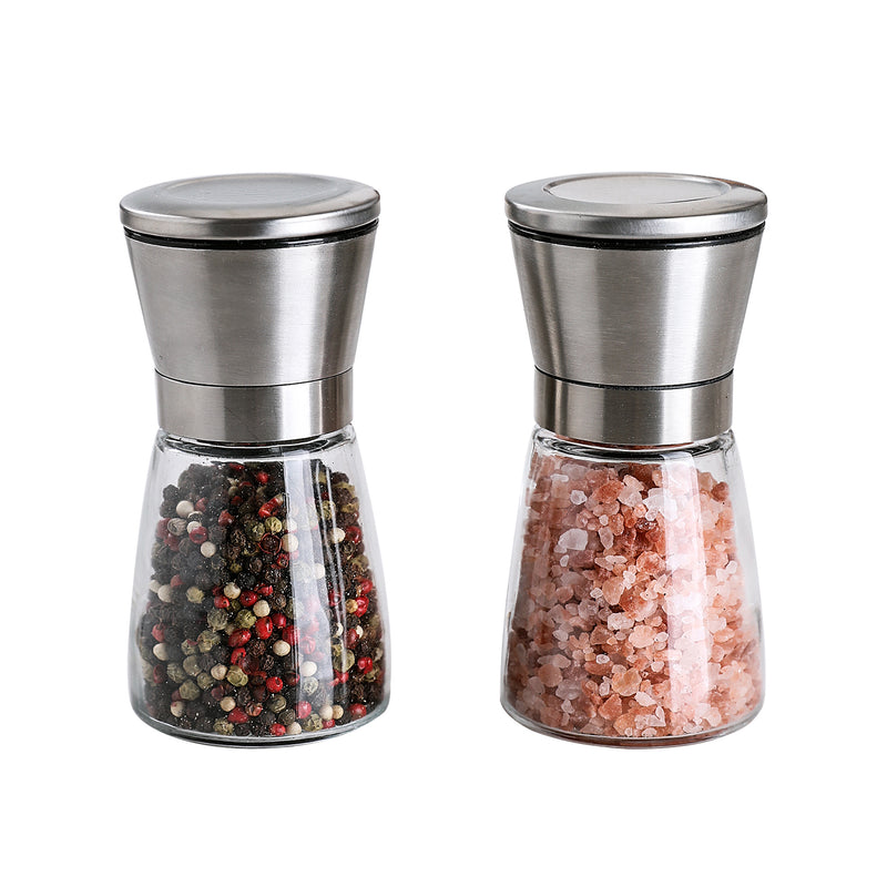 Salt & Pepper Grinders Set of 2, Adjustable Ceramic Coarseness, 5.28″ 5.6 oz Glass Mills