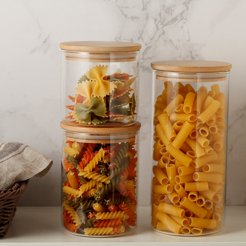 Glass Food Storage Containers Set of 3 – Clear Glass Kitchen Canisters with Lids for Flour, Sugar, Coffee & Tea