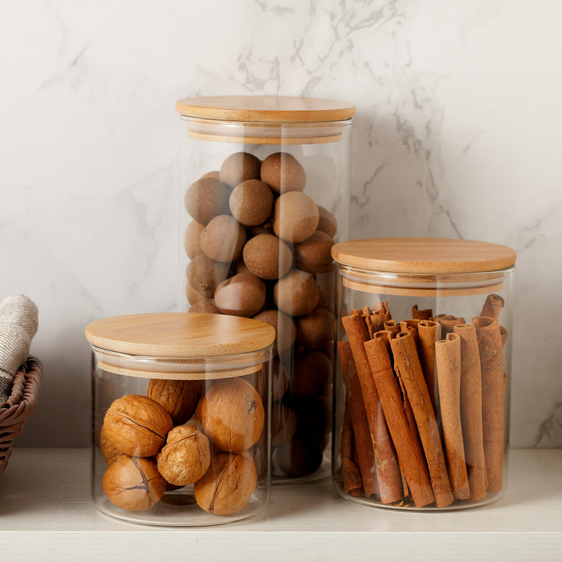 Glass Food Storage Containers Set of 3 – Clear Glass Kitchen Canisters with Lids for Flour, Sugar, Coffee & Tea