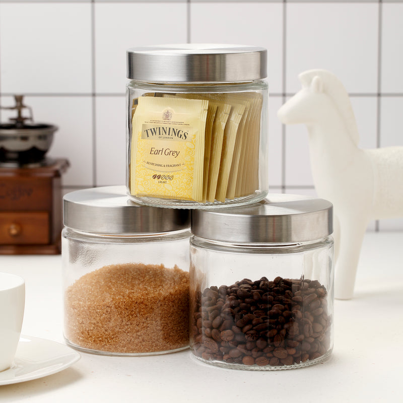 Clear Cylindrical Glass Storage Containers Set of 3 – Kitchen Canisters with Lids for Coffee, Sugar, Cookies & Snacks