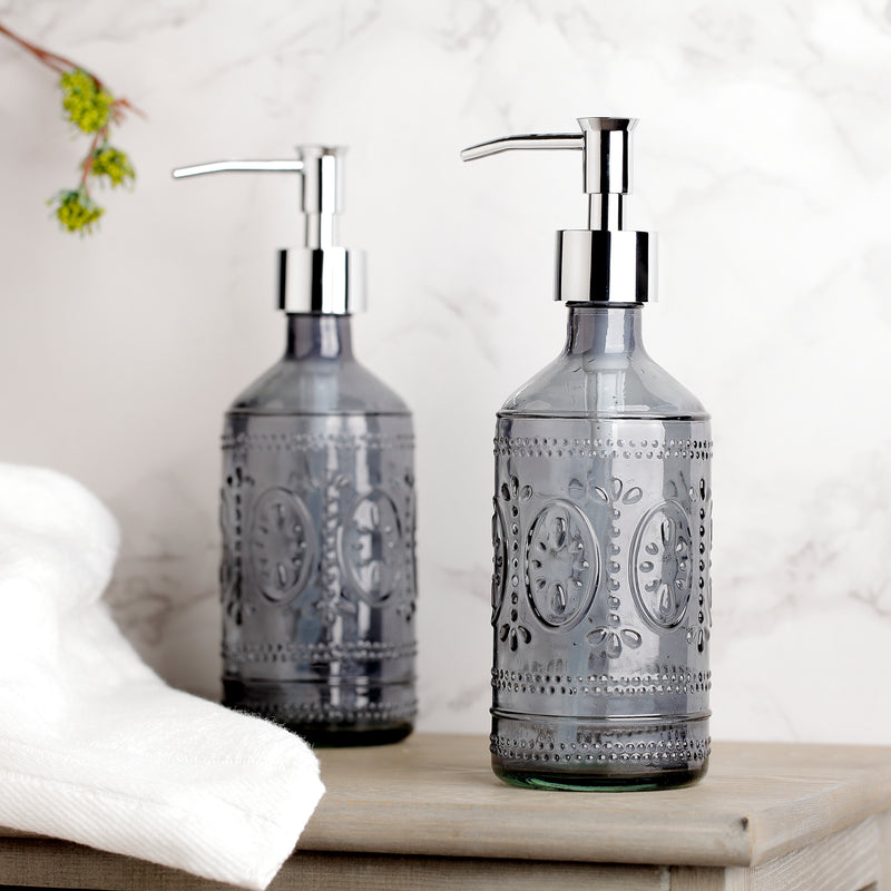 12 oz Dark Grey Embossed Glass Soap & Lotion Dispenser Set (Set of 2)