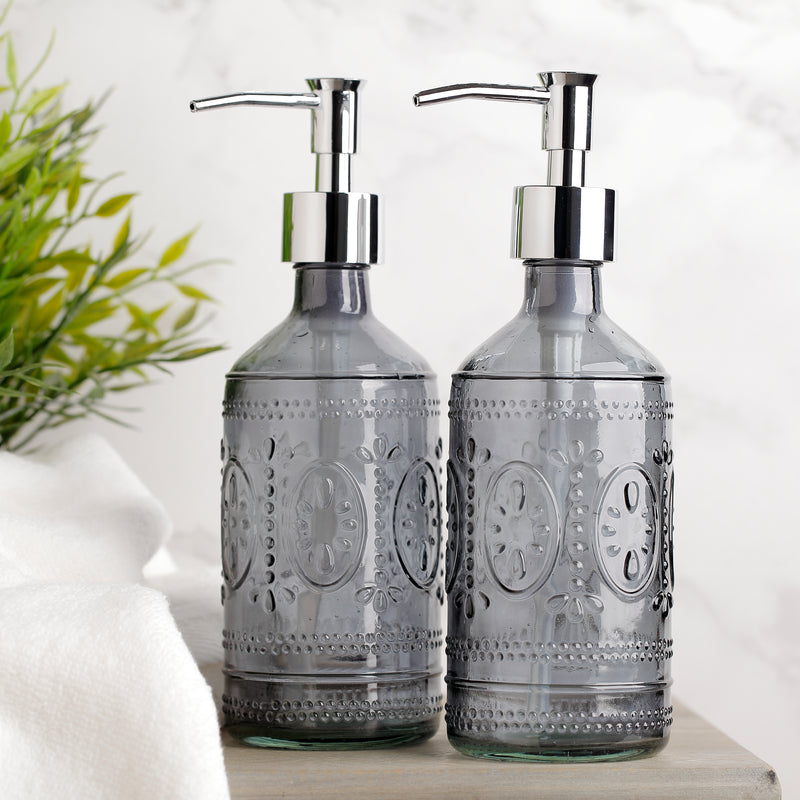 12 oz Dark Grey Embossed Glass Soap & Lotion Dispenser Set (Set of 2)