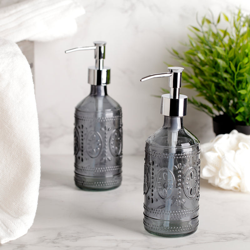 12 oz Dark Grey Embossed Glass Soap & Lotion Dispenser Set (Set of 2)