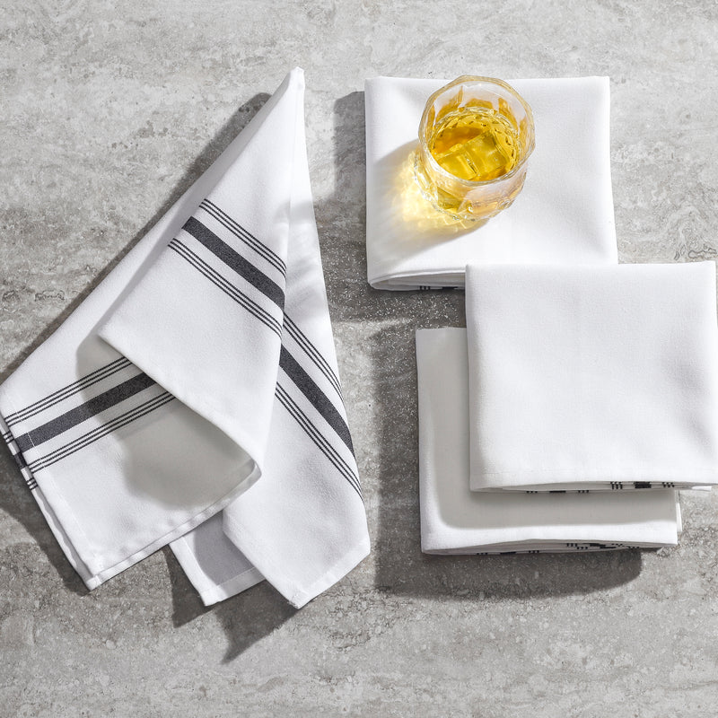 Linen-Style Cloth Napkins with Black Stripe – Set of 12, Reusable Washable Table Napkins