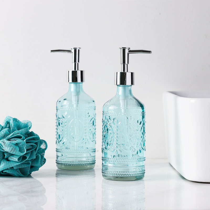 12 oz Blue Embossed Glass Soap & Lotion Dispenser Set (Set of 2)