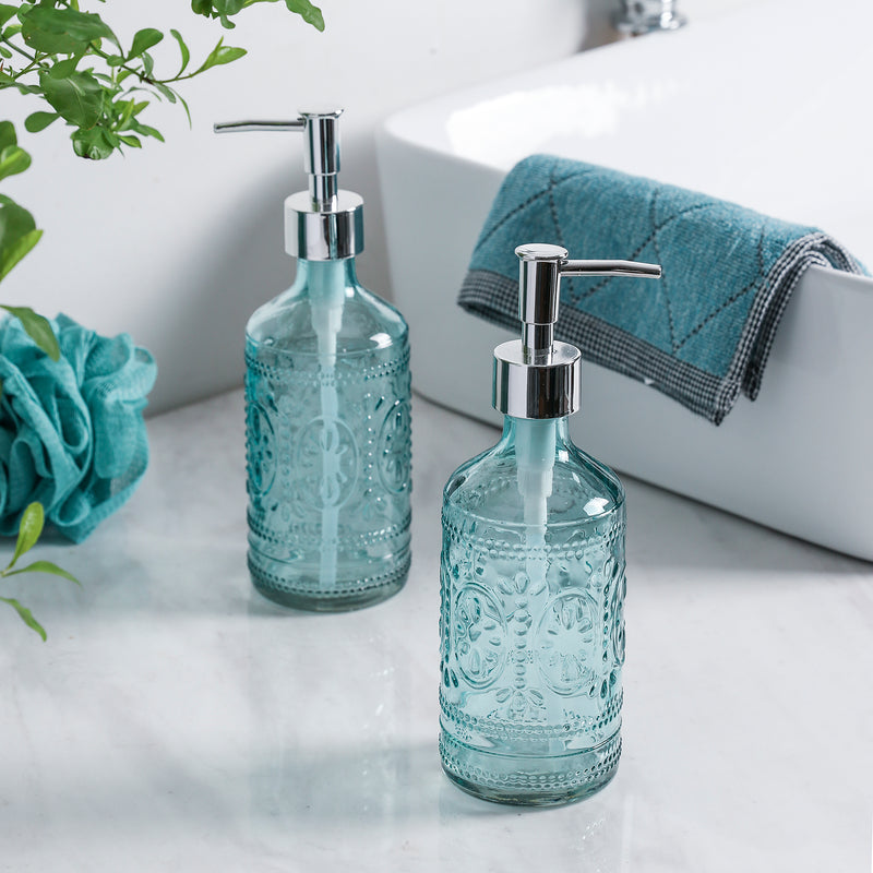 12 oz Blue Embossed Glass Soap & Lotion Dispenser Set (Set of 2)