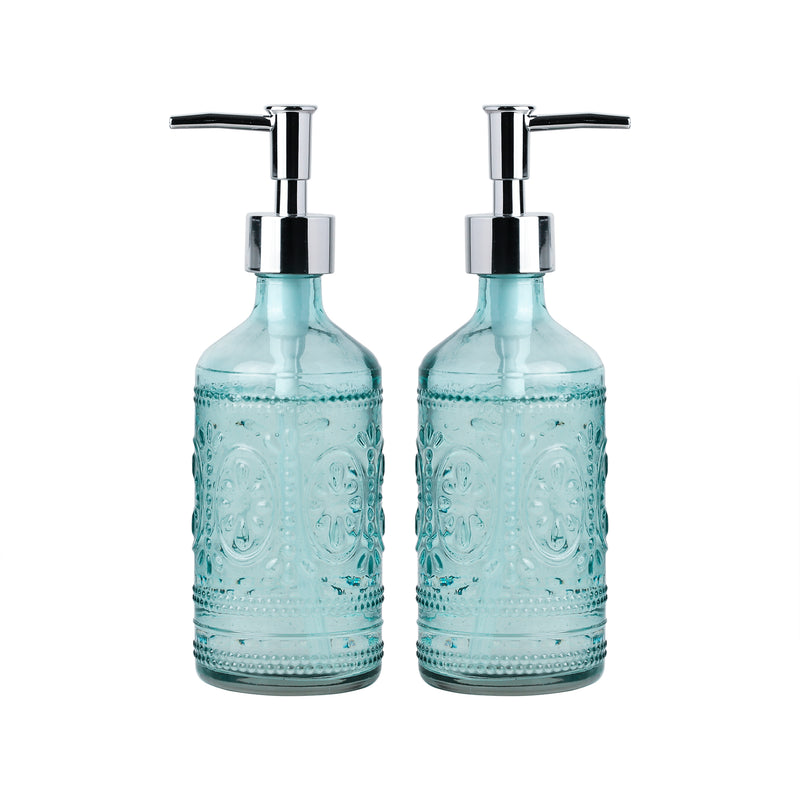 12 oz Blue Embossed Glass Soap & Lotion Dispenser Set (Set of 2)