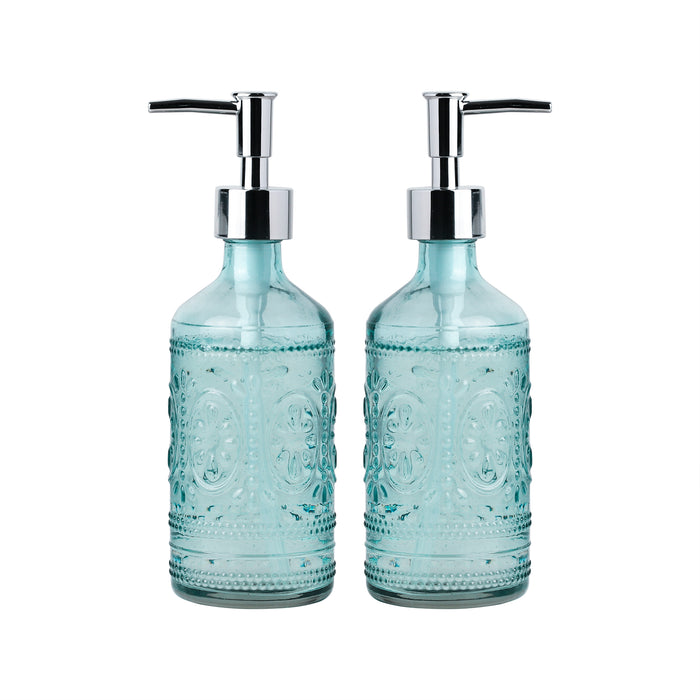 12 oz Blue Embossed Glass Lotion and Soap Dispenser Pump Set of 2